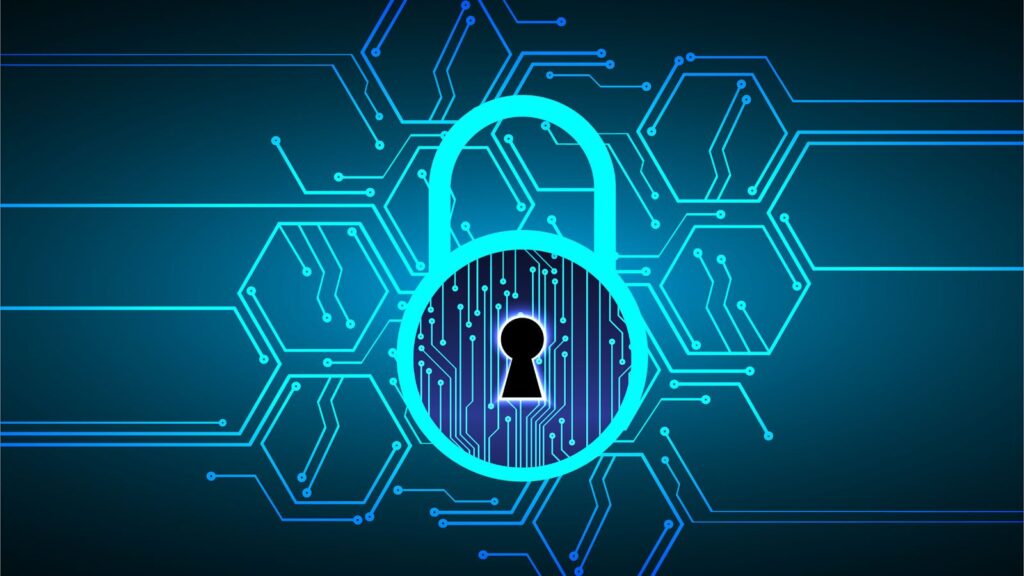 Digital padlock icon over a circuit board background symbolizing cybersecurity—highlighting the continuous security and performance monitoring benefits of Business Central SaaS.
