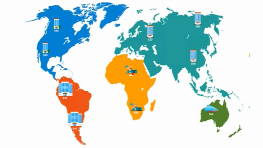 Color-coded world map showing Business Central deployment across continents, with icons representing company offices and numerical data indicating the number of entities or operations managed in each region.