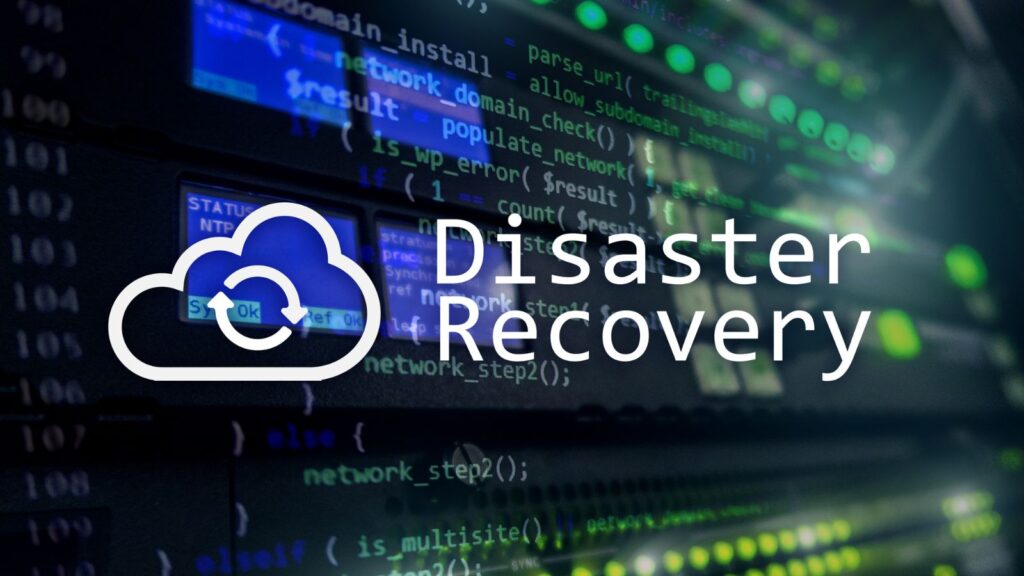 Close-up of server racks with green and blue indicator lights, overlaid with programming code, a white cloud backup icon, and the words 'Disaster Recovery' in bold white text.