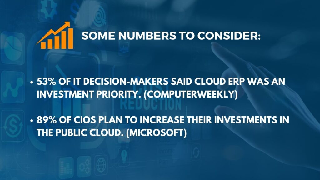 Some numbers to consider:
•	53% of IT decision-makers said Cloud ERP was an investment priority. (ComputerWeekly) 
•	89% of CIOs plan to increase their investments in the public cloud. (Microsoft)

