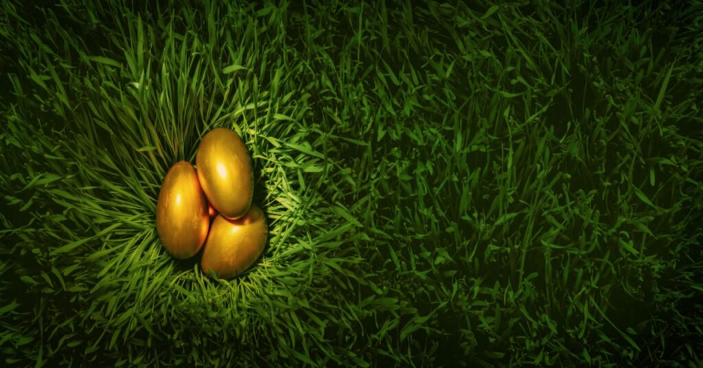 Golden eggs on green grass - Food and Beverage ERP