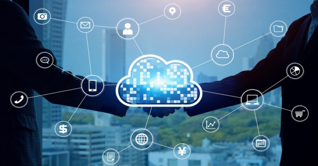 Cloud computing concept of a business communication network depicting an ERP Implementation