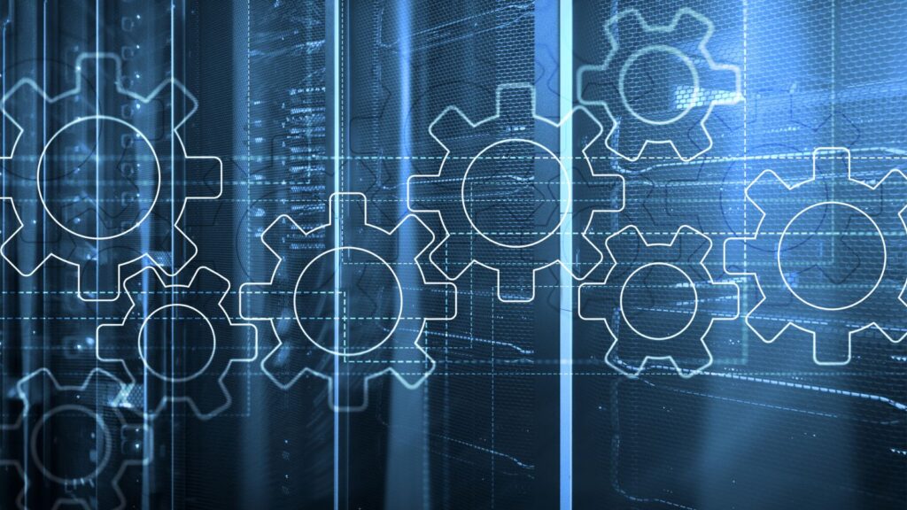 Gears mechanism, digital transformation, data integration and digital technology concept. 