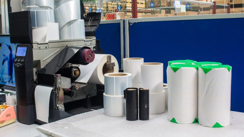 Image of a barcode printer with rolls of paper for the printer next to it. 