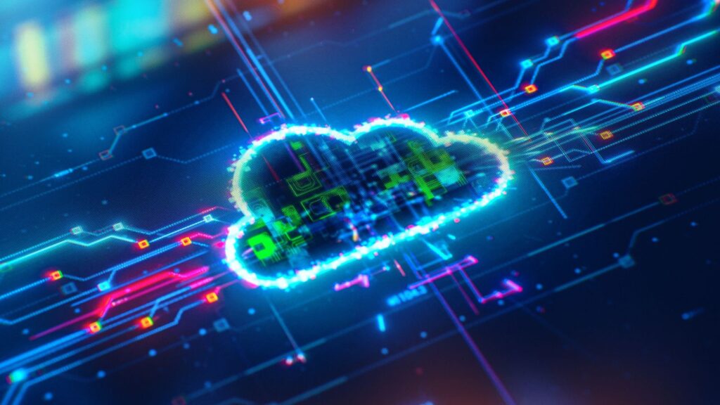 A Dynamics NAV to Dynamics 365 BC ERP Migration Strategy 7 Digital cloud network solution concept with glowing circuit lines and cloud icon representing cloud ERP migration and data transformation.