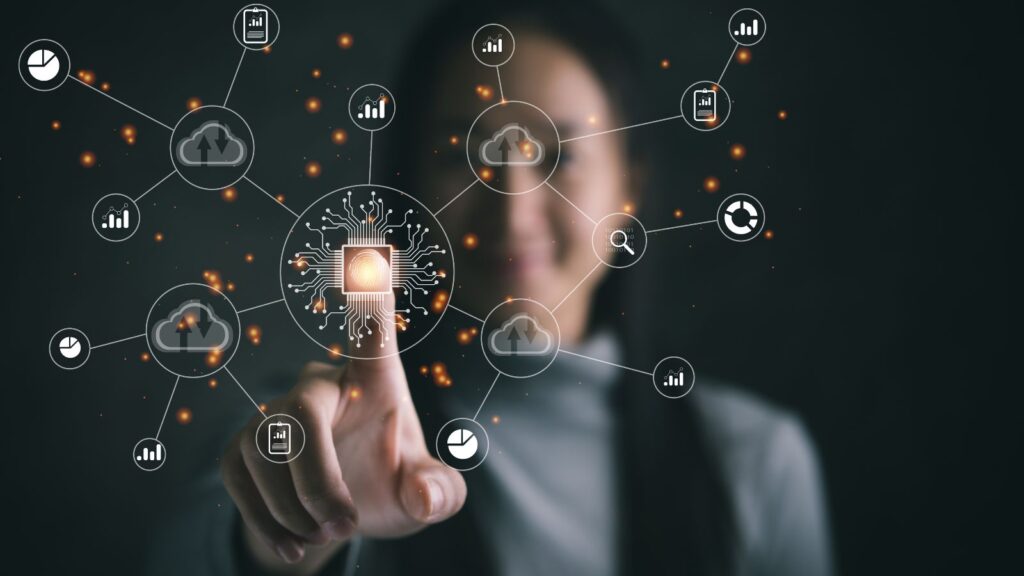Mastering Change Management: Transform Your Dynamics 365 BC Journey 2 Person interacting with digital transformation interface, surrounded by cloud computing and analytics icons—representing modern change management strategies and digital adoption.