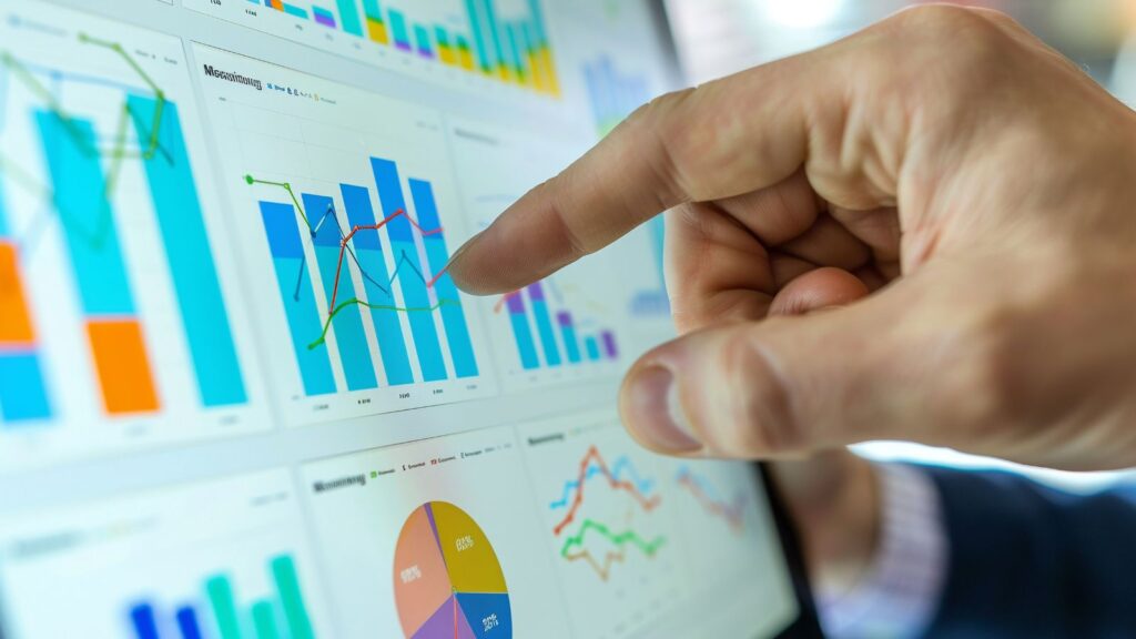 One Size Doesn't Fit All: How Business Central Can Adapt to Any Company's Size 2 Business intelligence dashboard displaying colorful bar charts, line graphs, and pie charts as a person points to financial analytics data on a touchscreen—demonstrating how data analytics informs strategic decision-making.