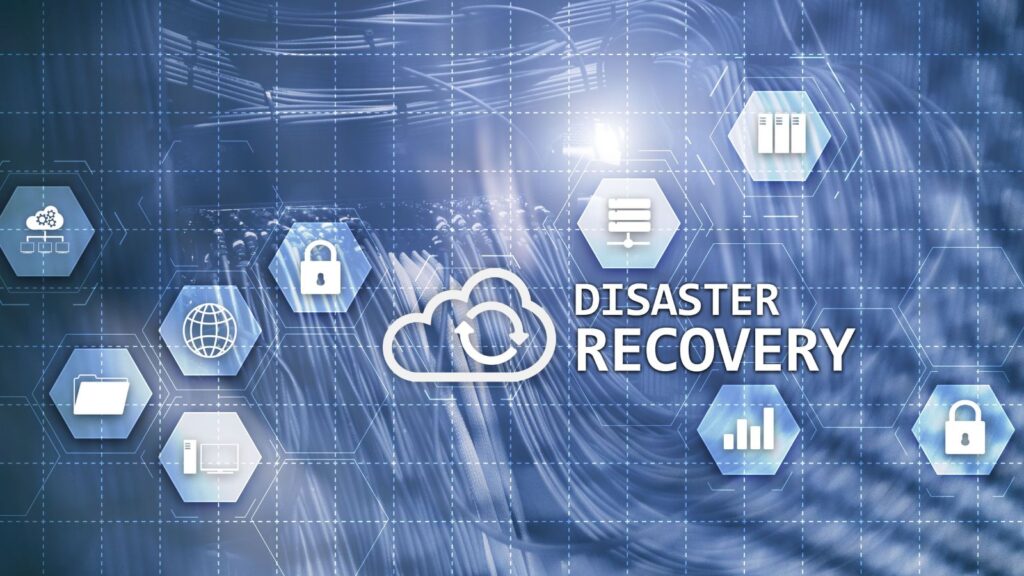Business Central Disaster Recovery & Business Continuity 1 Cloud network security and data icons illustrating Business Central Disaster Recovery concept for data protection, backup, and business continuity.