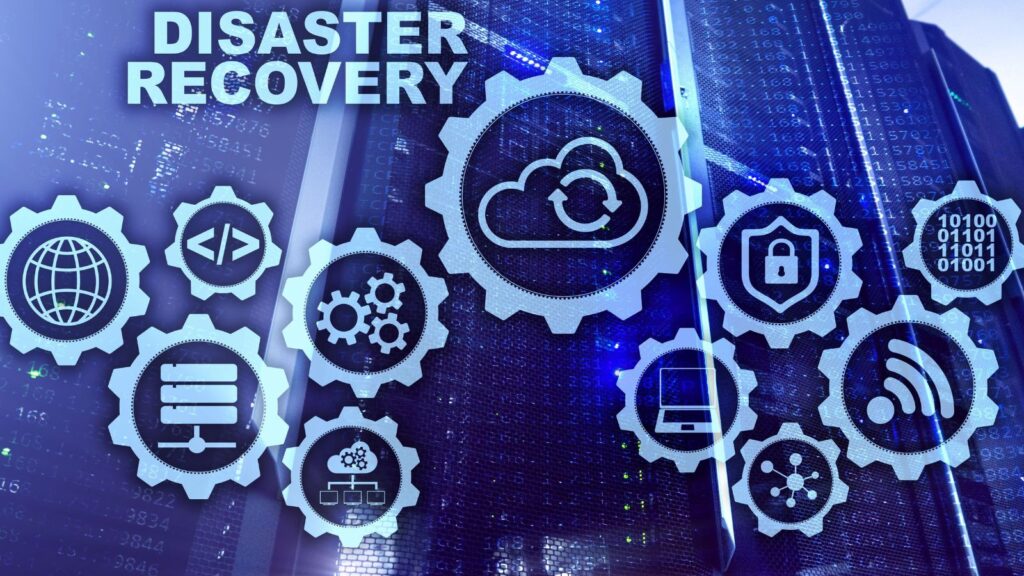 Business Central Disaster Recovery & Business Continuity 4 Digital illustration of disaster recovery concept showing interconnected technology icons such as cloud backup, cybersecurity, data servers, and network connectivity, overlaid on a background of server racks and binary code.