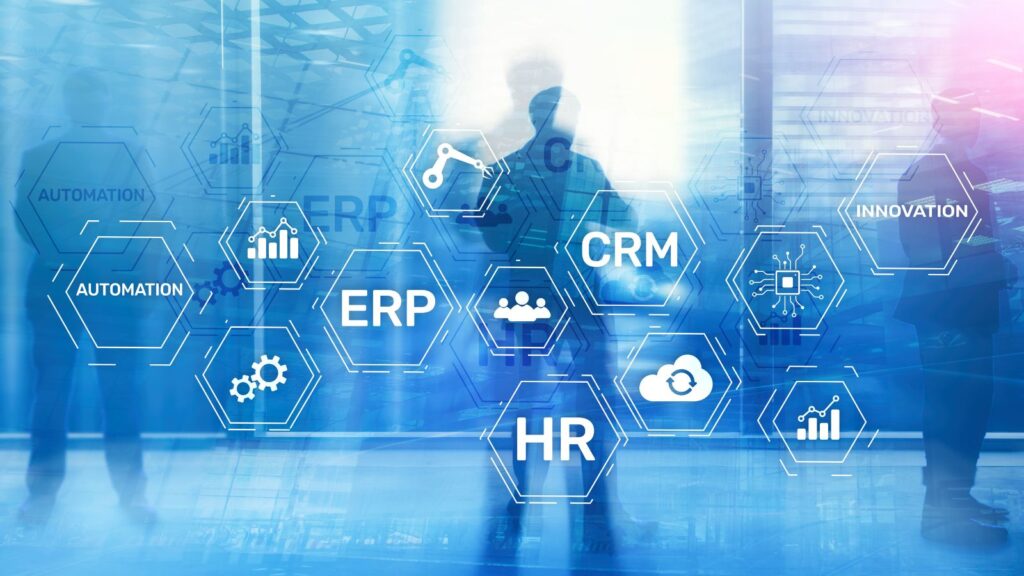 From Shop Floor to Customer Door: ERP-CRM Integration in Manufacturing Excellence 1 Abstract digital interface with icons for ERP, CRM, HR, automation, and innovation, symbolizing ERP integration in manufacturing to streamline processes, connect business functions, and drive efficiency.