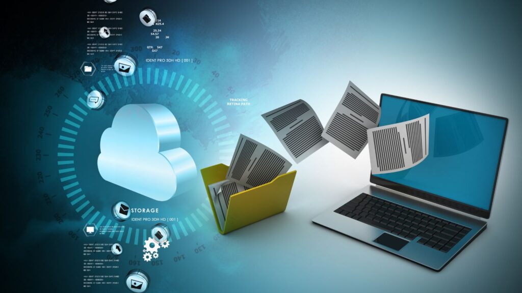 Overcoming Data Migration Challenges: Turning Obstacles into Opportunities 1 Digital illustration showing data files transferring from a local folder and laptop to a cloud storage system, symbolizing overcoming Data Migration Challenges in cloud computing and digital transformation.