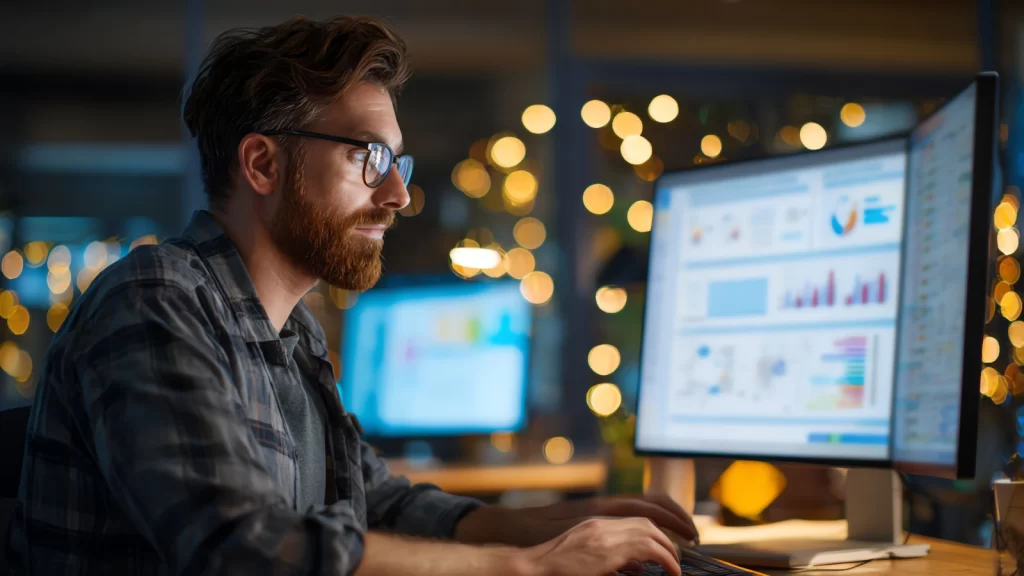Man working at a computer in a dimly lit office, analyzing data dashboards on a large monitor, representing modern analytics and digital reporting.