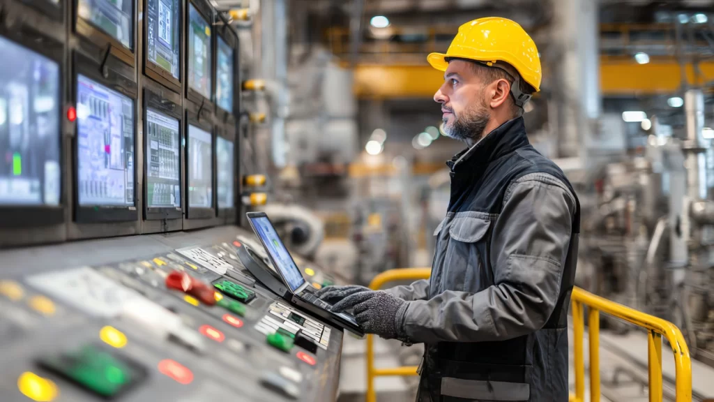 Manufacturing supervisor monitoring production systems in real time to support Lean Manufacturing, operational efficiency, and process control.