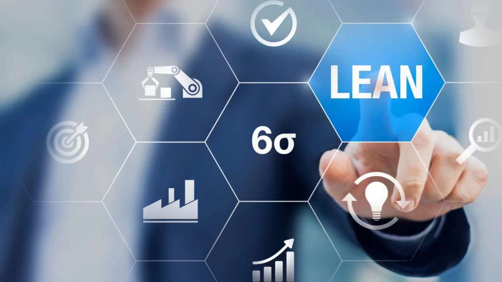 Digital interface highlighting Lean Manufacturing concepts such as efficiency, waste reduction, continuous improvement, and production optimization.