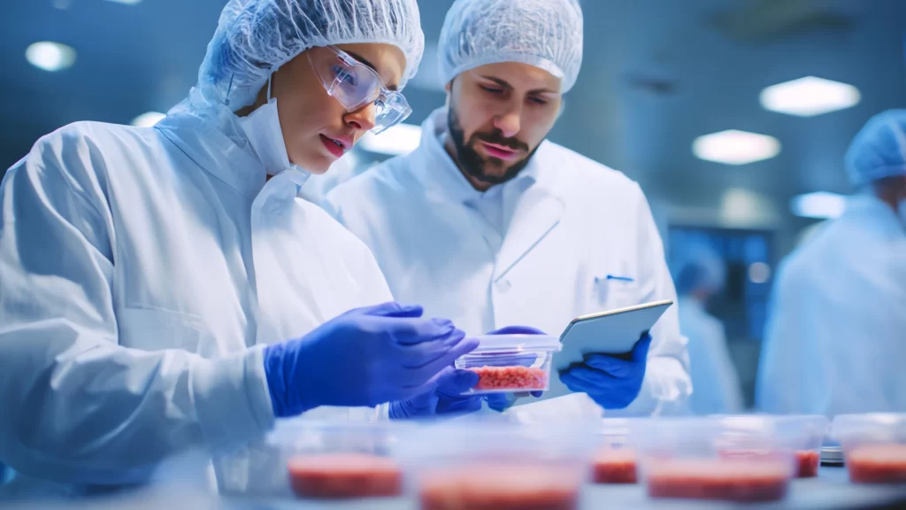 Quality management and quality assurance testing in a food production lab, with technicians inspecting product samples and recording results to support safety, compliance, and traceability.