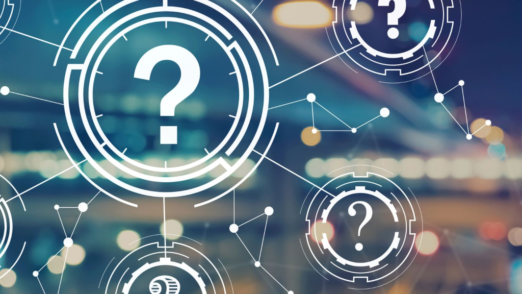 Abstract image featuring multiple question marks inside digital interface circles connected by network lines over a blurred city background, symbolizing business uncertainty, strategic decision-making, data analysis, AI insights, and complex problem-solving in enterprise environments.