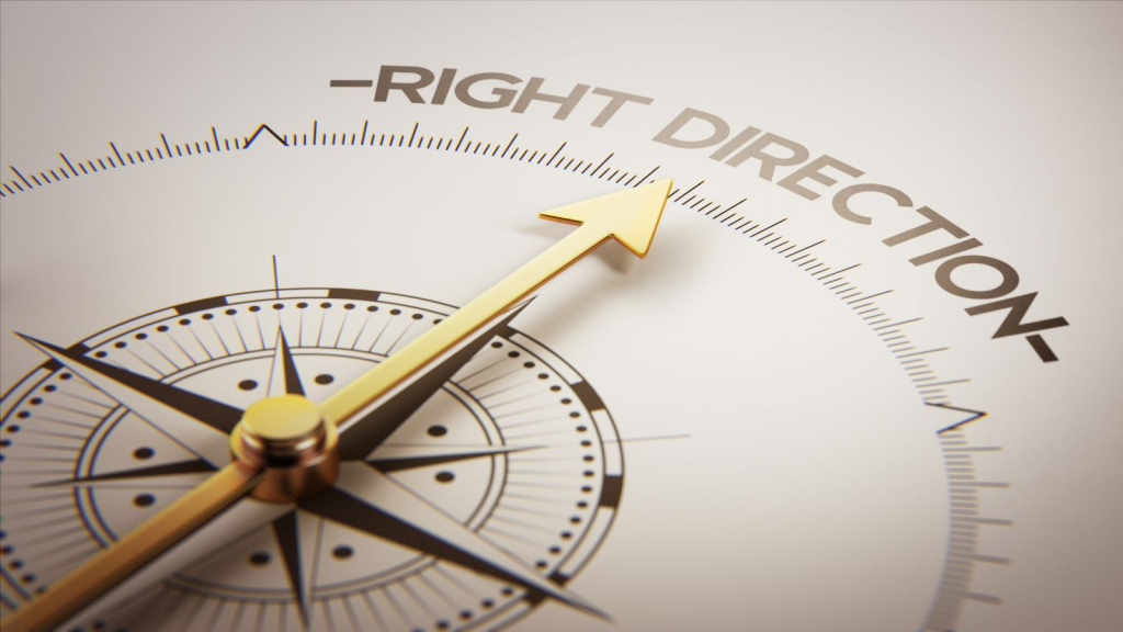 Compass with a gold arrow pointing to “Right Direction,” symbolizing strategic guidance, governance, and leadership planning during a Business Central Copilot implementation and AI adoption strategy in Microsoft Dynamics 365 Business Central ERP.