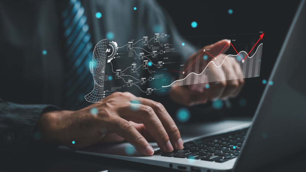 Hands using laptop with AI interface, data flows, and rising analytics chart, representing business intelligence and digital transformation