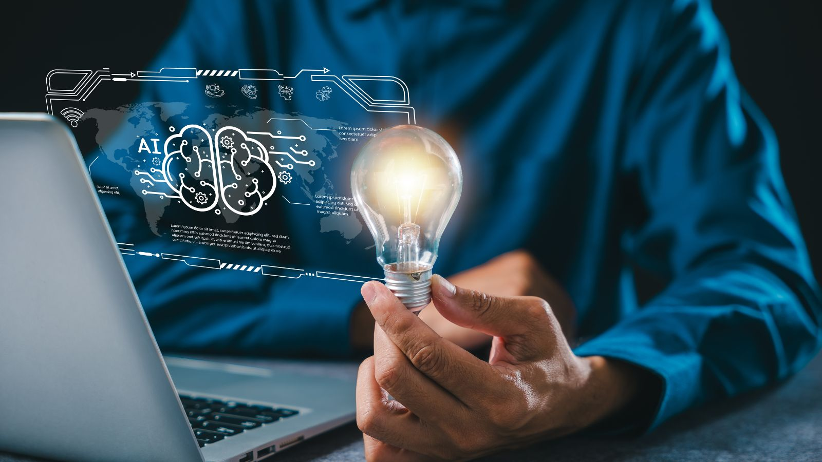 Hand holding lightbulb near laptop with digital AI brain overlay, illustrating AI in Business Central innovation and insights