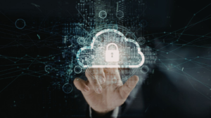 Hand touching cloud lock interface illustrating Cloud ERP Security and data protection across digital network