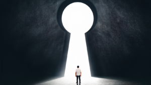 Man standing before a giant keyhole doorway symbolizing access and insight in Dynamics 365 Business Central Wave 1 2026 update
