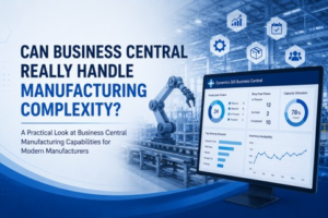 Business Central manufacturing dashboard with factory robot illustrating ERP capabilities for manufacturers.