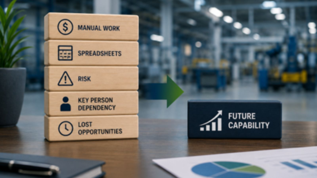 Legacy ERP costs and risks compared with future capability in a manufacturing modernization strategy.
