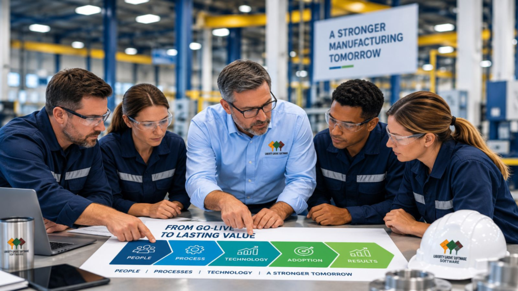 Manufacturing team planning ERP adoption and long-term value during a Dynamics GP to Business Central migration.