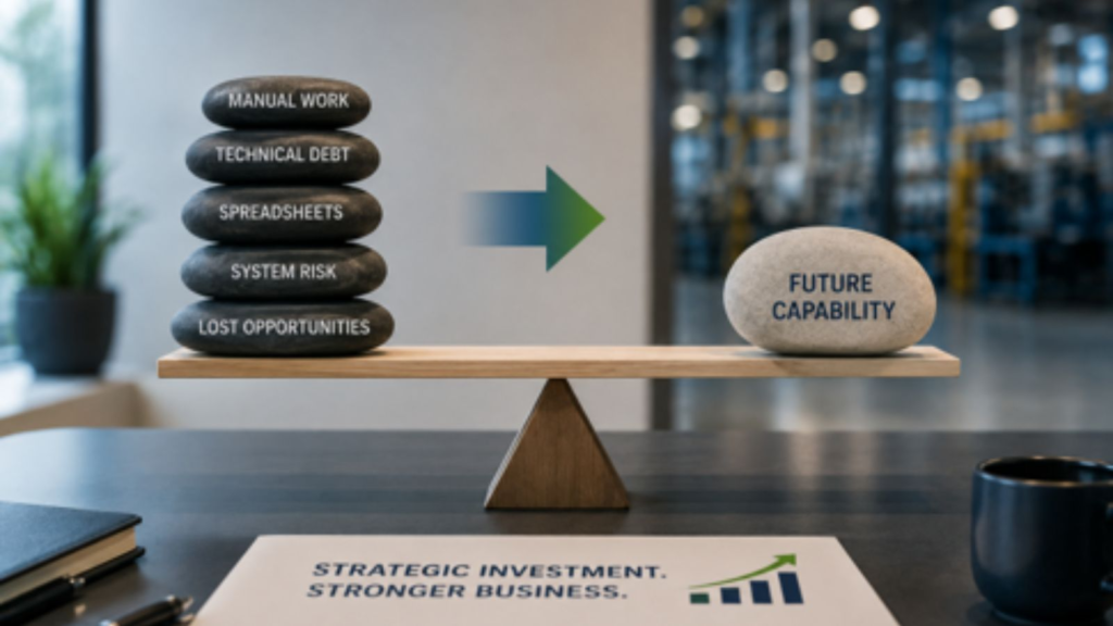 Balance scale weighs legacy ERP costs against future capability in a Business Central modernization strategy.