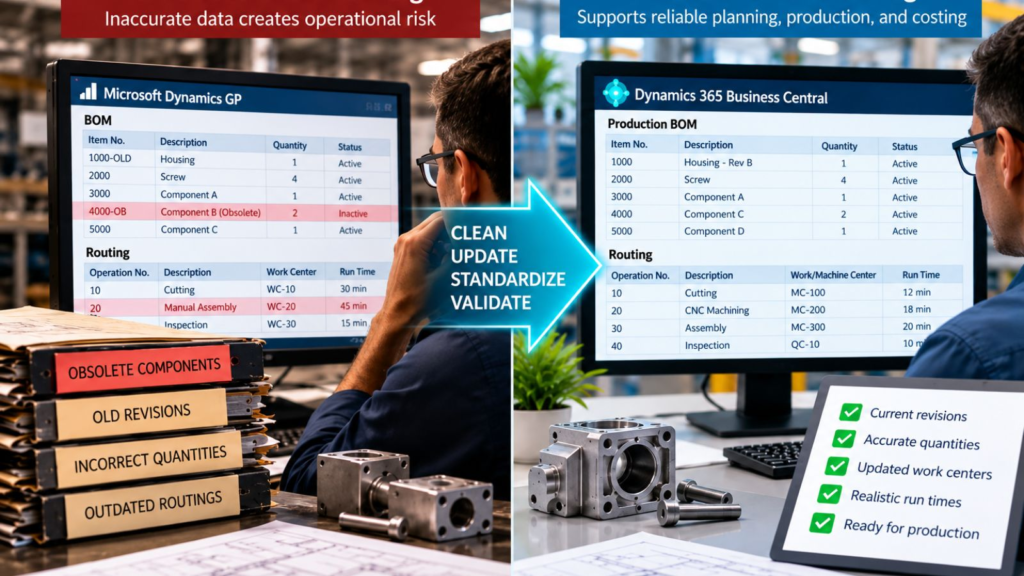 Dynamics GP BOM and routing data cleaned and validated for accurate manufacturing in Business Central.